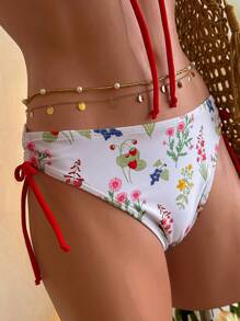 SHEIN MOD 2 件套撞色露背上衣，搭配系带侧三角裤，花卉印花沙滩装，海岛度假，前系带上衣，夏威夷风情，沙滩两件套泳衣 - 白色 - 查看 3