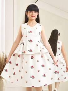 SHEIN Leap Crew Tween Girl Comfortable Casual Simplistic Round Neck Sleeveless Ditsy Floral Tank Top & Mini Skirt 2pcs Set - White - View 1