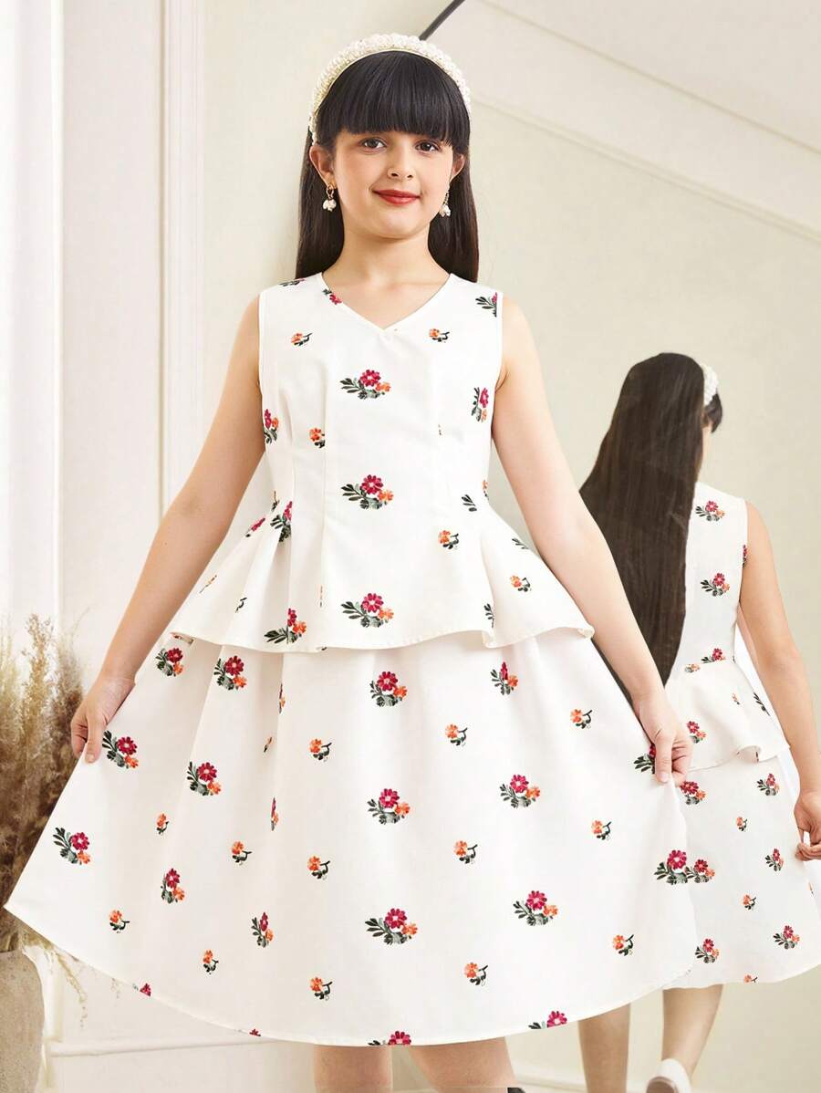 SHEIN Leap Crew Tween Girl Comfortable Casual Simplistic Round Neck Sleeveless Ditsy Floral Tank Top & Mini Skirt 2pcs Set - White - View 1