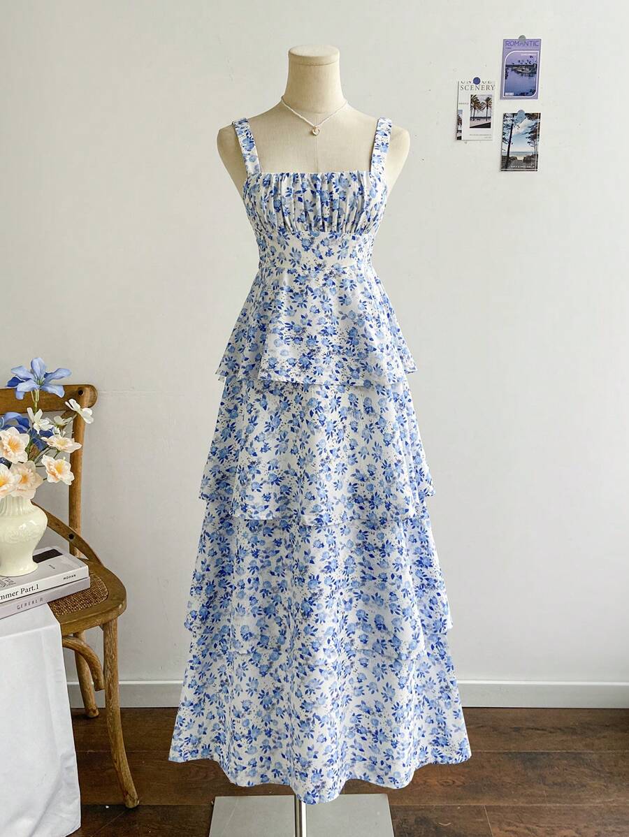 Soleia 女士节日黄玫瑰碎花细肩带多层蛋糕迷你连衣裙，适合下午茶和婚礼季节的休闲长裙