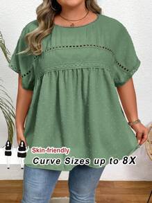 SHEIN CURVE+ 大码休闲度假纯色泡泡袖衬衫 夏季/乡村/海滩度假/沙滩装 - 墨綠色 - 查看 1