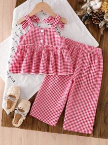 SHEIN Set de 2 piezas de parte superior con tirantes de moño a cuadros y pantalones para niña bebé, conjunto de ropa de verano en estilo vintage lindo - Rojo - Ver 2