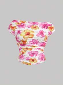 SHEIN MOD Plus Size Women's Ruched Asymmetrical Shoulder Floral Print T-Shirt, Vacation/Summer - Multicolor - View 3