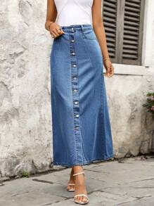 SHEIN Plus Size Women's Single-Breasted Casual Vacation Washed Denim Skirt