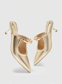 CUCCOO BIZCHIC 女士尖头高跟一脚蹬鞋，优雅的金属新月装饰，白色 PU 皮革，适合正式办公室穿着、通勤、派对 - 金色 - 查看 6