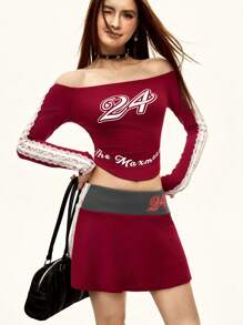 INAWLY Lace Trim Off Shoulder Long Sleeve Top And Mini Skirt 2 Pieces Set Fall Cloth For Women - Burgundy - View 6