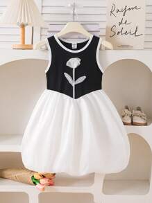 SHEIN Girls 3D Floral Decor Contrast Color Block Lantern Skirt Design, Suitable For Casual Daily Wear - Multicolor - View 3