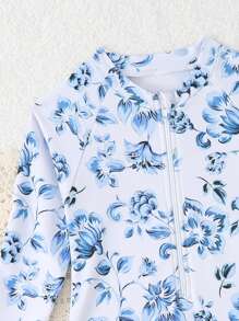 女婴花卉印花荷叶边连体泳衣，夏季假日海滩