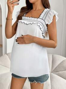 SHEIN Maternity Summer Casual Square Neck Ruffle Trim Blouse,Maternity Clothes - White - View 1