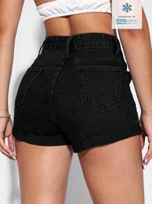 SHEIN EZwear 纯色口袋紧身休闲牛仔短裤，夏季 - 黑色 - 查看 2