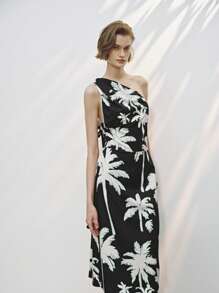 Lumivelle Women's Elegant Resort Slit Palm Tree Plant Print One Shoulder Dress - Black - View 5