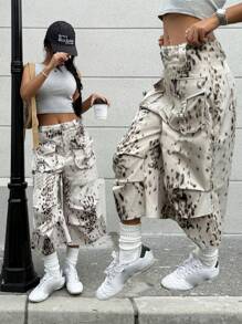 SHEIN EZwear 夏季乡村音乐会女款印花梭织七分裤 - 卡其色 - 查看 4