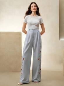 Anewsta Women's Spring/Summer Loose Floral Embroidery Ankle Dress Pants - Dusty Blue - View 7