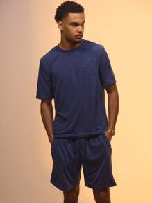Musero Camiseta de manga corta de estilo casual y relajado con bordado "M" en toalla para vacaciones de verano - Azul Marino - Ver 2