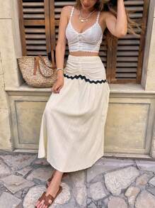 Breezaya Elegant Bohemian Colorblock Wavy Ribbon Layered Cake Skirt For Women, Spring/Summer Vacation