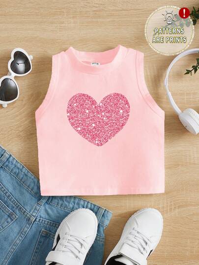 SHEIN Young Girl Casual Cartoon Print Sleeveless Round Neck Tank Top, Suitable For Summer