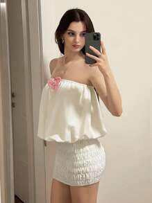 Sweetina Women's Summer Vacation Puff Sleeve Flared Crop Top - Apricot - View 3