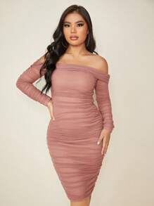 SHEIN SXY Vestido De Malla Entallado Con Hombros Descubiertos Con Pliegues