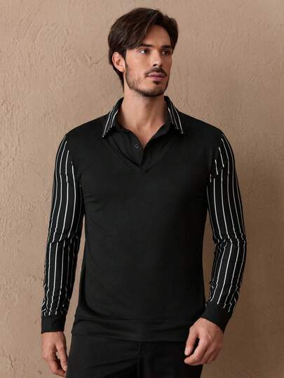 GENTILAND Camisa polo masculina de malha casual diária solta com patchwork e gola polo