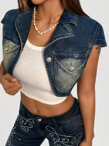 EgrlEra Fashionable Dark Wash Distressed Ultra-Short Denim Jacket - Dark Wash - View 6