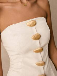 Poéselle Women's Solid Color Metal Button Design Bandeau Top And Mini Skirt 2 Pieces Set - Apricot - View 2