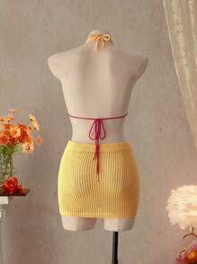 SHEIN Swim 女士针织挂脖罩衫，夏季时尚 - 黃色 - 查看 2