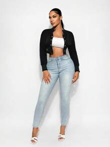 Sirith Autumn Casual Plain Color Cropped Jacket Fall Winter Cloth For Women - Black - View 1