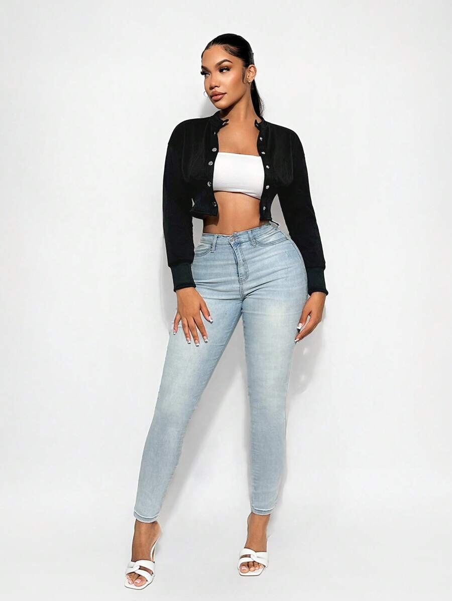 Sirith Autumn Casual Plain Color Cropped Jacket Fall Winter Cloth For Women - Black - View 1