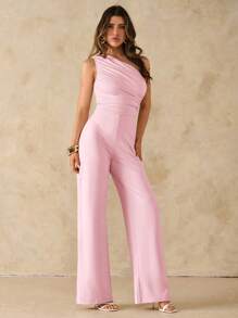 SHEIN BAE 夏日海滩度假优雅纯黑色不对称领露肩单肩连体裤，适合日常约会、夜间外出、夜总会、派对、聚会、鸡尾酒会、泳池派对、办公室穿着、通勤连体裤、假日连体裤 - 珊瑚粉 - 查看 6