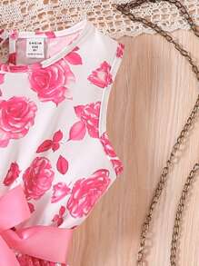 Sparklyn 2 件套青少年女孩优雅盖袖串珠上衣和玫瑰印花连衣裙（配腰带），春夏 - 粉色 - 查看 4