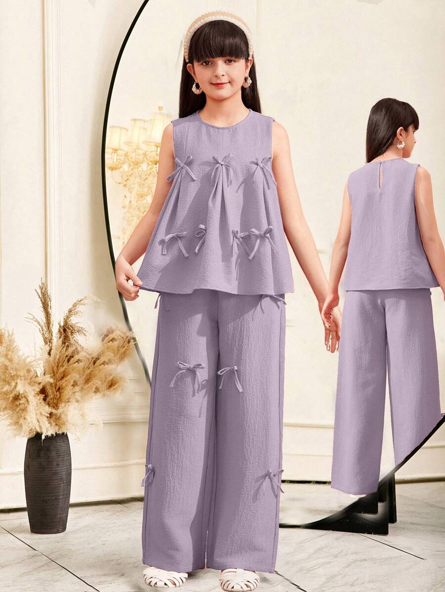 SHEIN Tween 女童休闲宽松圆领蝴蝶结装饰衬衫和裤子两件套 - 淡紫色 - 查看 1