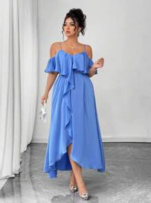 Elenzga Plus Size Elegant Solid Color Off-Shoulder Strap Dress For Summer Fall Cloth For Women - Dusty Blue - View 4
