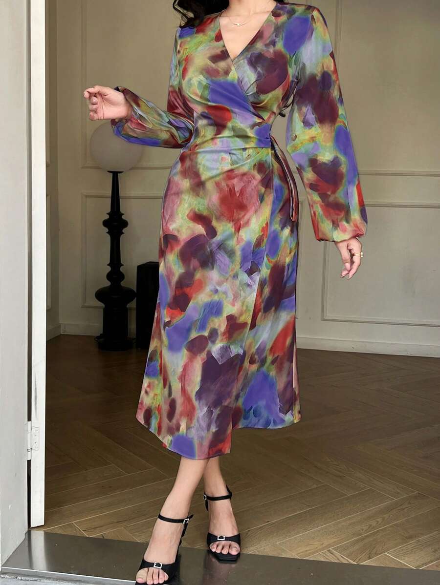 DAZY 秋季新款复古高端日落扎染设计性感优雅女式长裙长袖连衣裙 - 綠色 - 查看 1