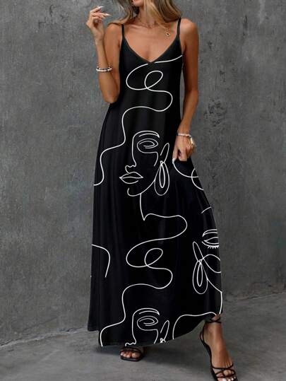 Easowa Women's Portrait Print Stretchy Knit Casual Vacation Long Dress, Comfy & Stylish, Suitable For Summer,Bohemian Clothes Suitable For Going Out Chic Dress,Casual