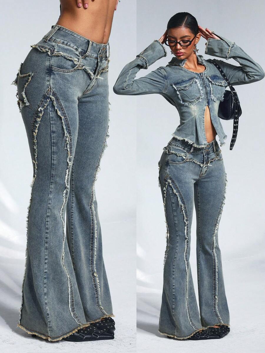 SHEIN Tall Women's Pocket Frayed Hem Casual Flare Leg Jeans - Blue - View 1