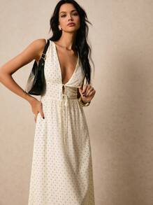 Poéselle Women's Summer Casual Polka Dot Print Tie Front V-Neck Dress,Business Casual Woman Business Women Attire