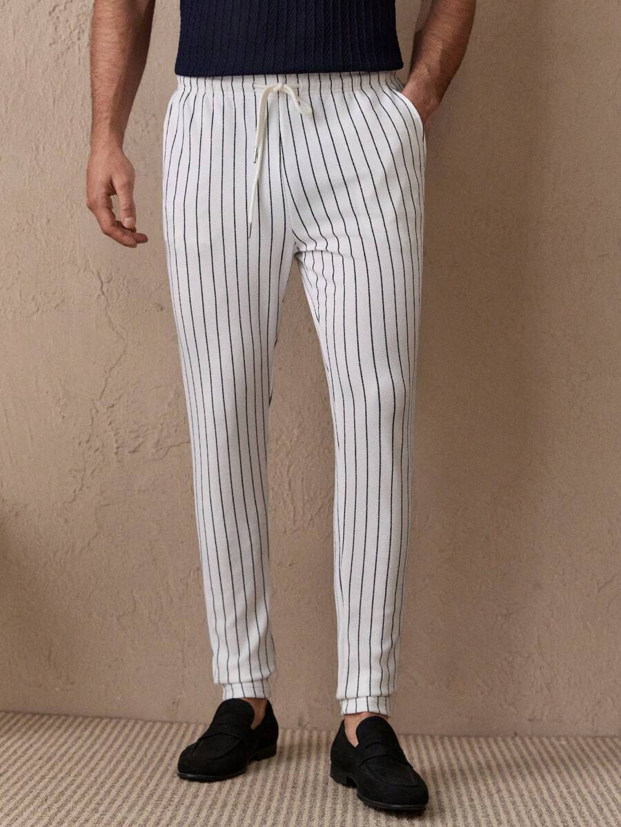 Manfinity VCAY Men's Striped Printed Drawstring Casual Knitted Pants - White - View 1