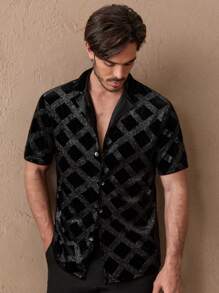 HIMLAND 男士鑲嵌方格圖案翻領襯衫，修身短袖鈕扣法蘭絨晚禮服時尚襯衫，送給男友的禮物