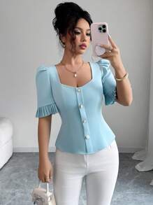 Elenzga Vestido curto feminino com decote em coração, abotoamento simples, bainha decorativa e plissado - Azul - Ver 1