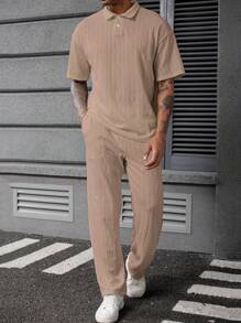 Manfinity Homme 男士杏色针织纹理Polo衫套装男两件套男士两件套男士两件套两件套男士服装 - 杏色 - 查看 5