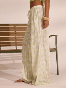 MUSERA 条纹图案亚麻质感直筒裤，夏季度假波西米亚风，伊比沙岛优雅海滩风，可爱海滨别墅时尚假日风。 - 白色 - 查看 3