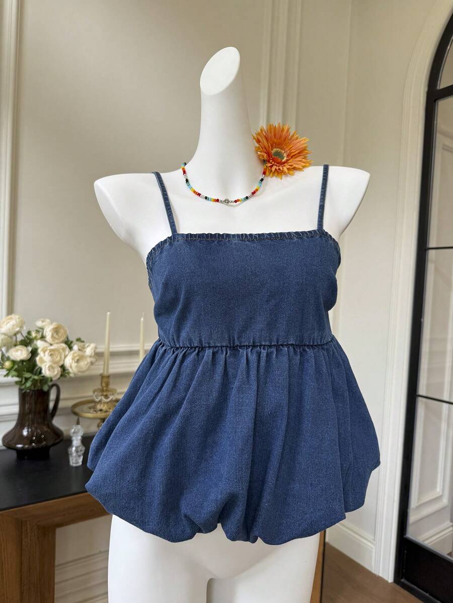 SHEIN EZwear 女士夏季荷叶边水洗牛仔吊带背心、娃娃装上衣 - 藍色 - 查看 1