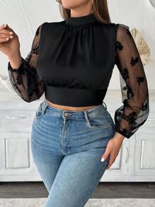 Flirla Plus Size Women's Elegant Butterfly Embellished Mesh Backless Lantern Sleeve Blouse Fall Cloth For Women - Black - View 6