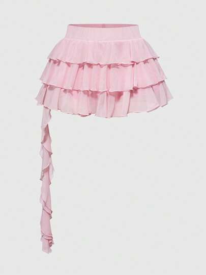 Grunge Punk Y2K Harajuku Style Solid Color Multi-Layer Asymmetric Hem Women Skirt