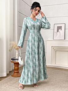 Al Najma Damen elegantes langärmliges Kleid mit ganzflächigem Muster und tailliertem Bund, dezent