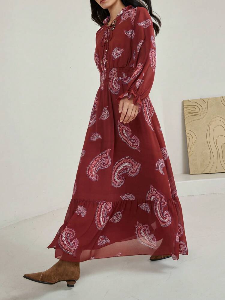 Fall Bohemian Style Floral Print Lace Up Cinched Waist Casual Holiday Midi Dress For Women Long Sleeve Dress Red Women Dresses Vacation Cruise Outfit For Women Boho