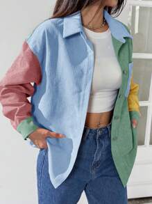 Solflare Plus Size Women's Letter Print Contrast Color Single-Breasted Shacket In Fall/Winter - Blue - View 6