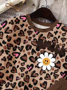 SHEIN Leap Crew 复古粉色心形豹纹花卉卡通图案，少女休闲宽松圆领短袖T恤和短裤两件套，适合春夏季，夏季服装，轻松舒适，儿童秋季分层装，时尚儿童，休闲装，儿童图案服装，返校，秋季服装，返校节 - 彩色 - 查看 4