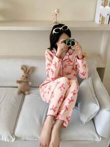 2pcs/Set Girls' Apricot Butterfly Print Long Sleeve Cardigan & Long Pants Casual Comfortable Home Outfit,Summer,Travel - Coral Pink - View 3