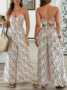 SHEIN Clasi Plus Size Women Batik Print Casual Wide Leg Jumpsuit Romper - Apricot - View 1
